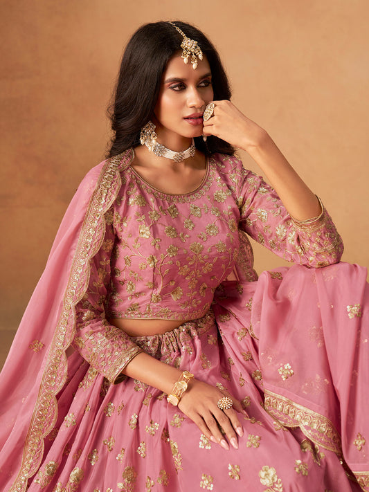 Light Pink Organza Sequins Embroidered Lehenga for Sangeet