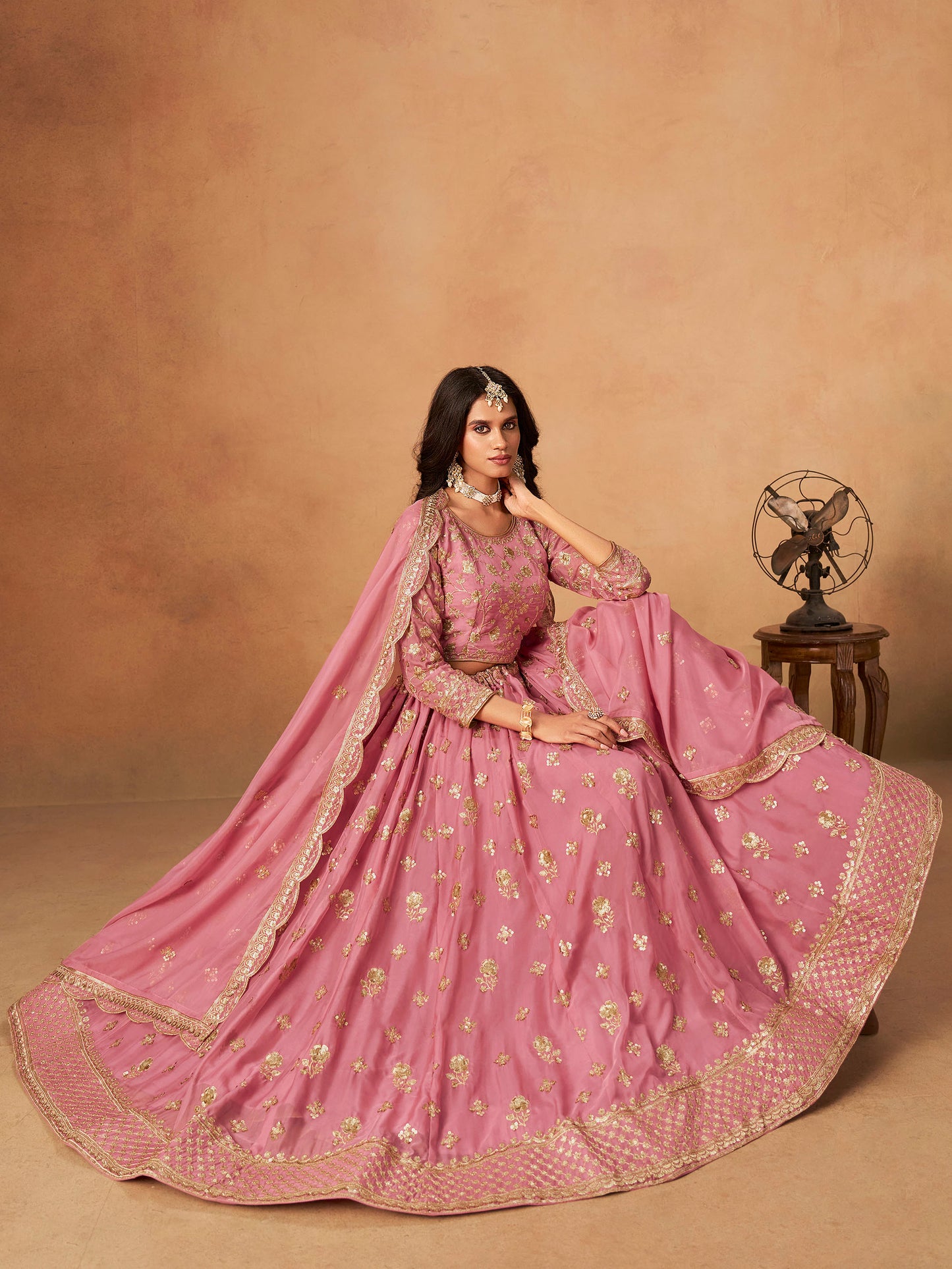 Light Pink Organza Sequins Embroidered Lehenga for Sangeet