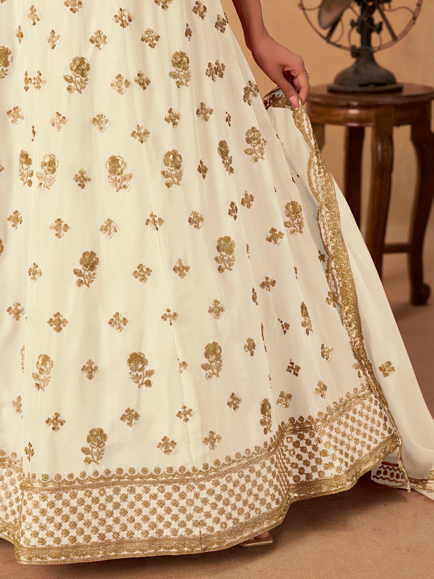 Off White Organza Sequins Embroidered Wedding Guest Lehenga