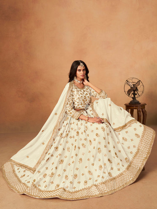 Off White Organza Sequins Embroidered Wedding Guest Lehenga