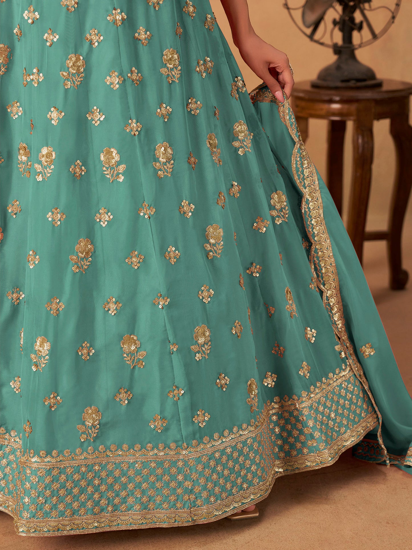 Sea Green Organza Sequins Embroidered Lehenga