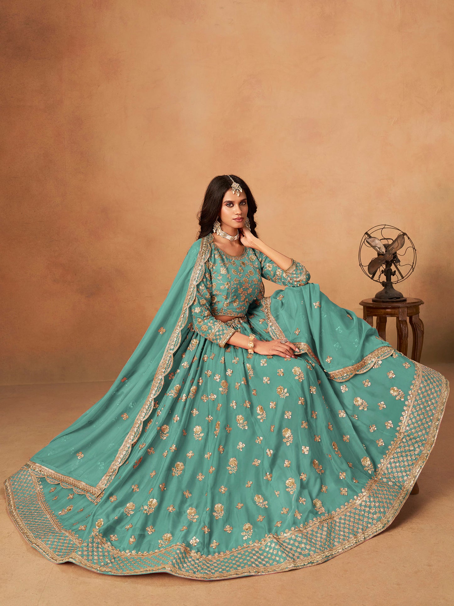 Sea Green Organza Sequins Embroidered Lehenga