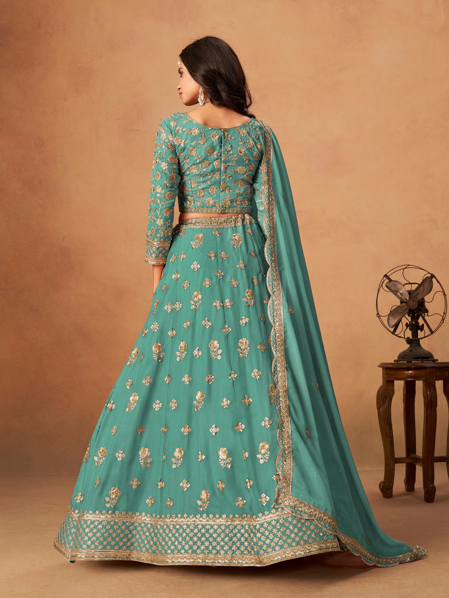 Sea Green Organza Sequins Embroidered Lehenga