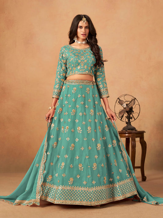 Sea Green Organza Sequins Embroidered Lehenga