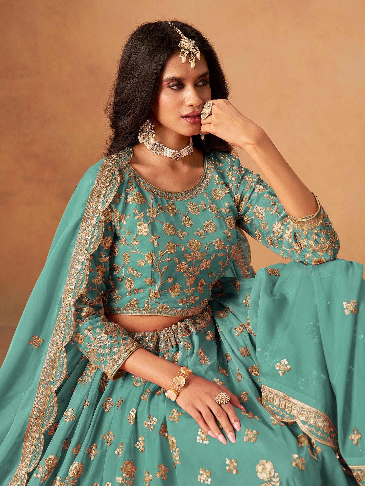 Sea Green Organza Sequins Embroidered Lehenga