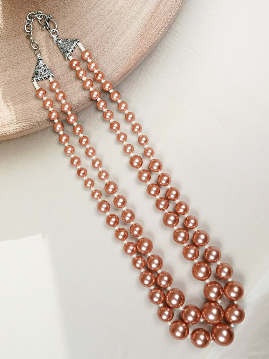 Zevar Club Metallic White, Brown, Grey Glossy Pearl Double Layer Royal Statement Necklace