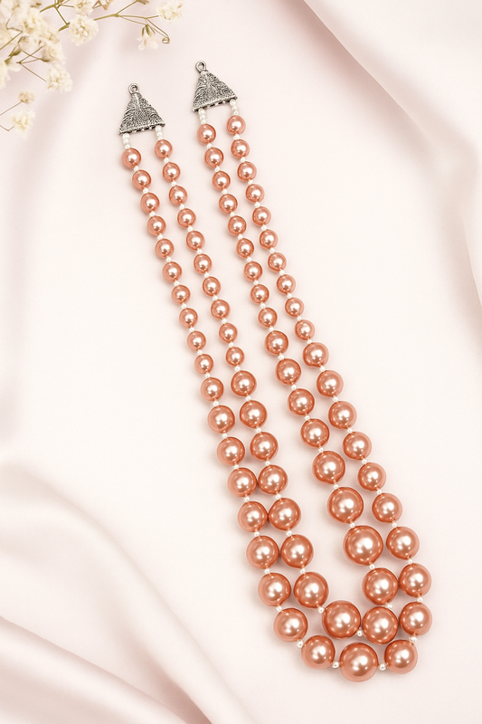 Zevar Club Metallic White, Brown, Grey Glossy Pearl Double Layer Royal Statement Necklace