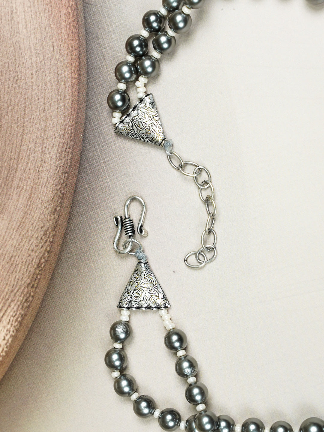 Zevar Club Metallic White, Brown, Grey Glossy Pearl Double Layer Royal Statement Necklace