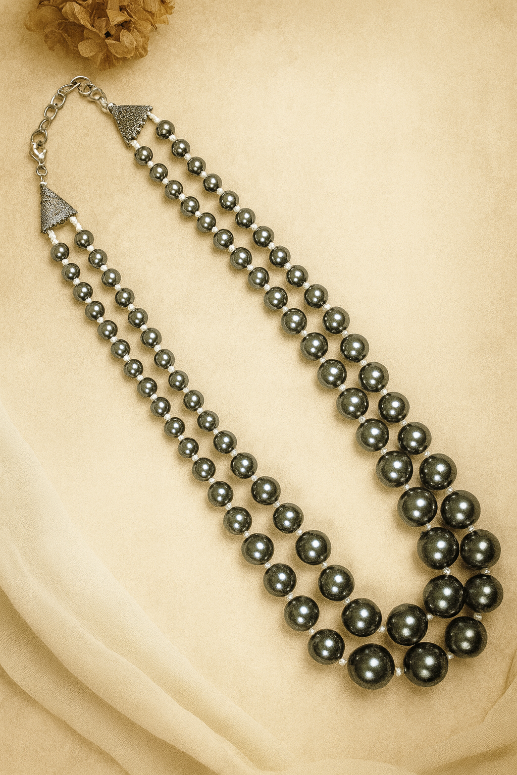 Zevar Club Metallic White, Brown, Grey Glossy Pearl Double Layer Royal Statement Necklace