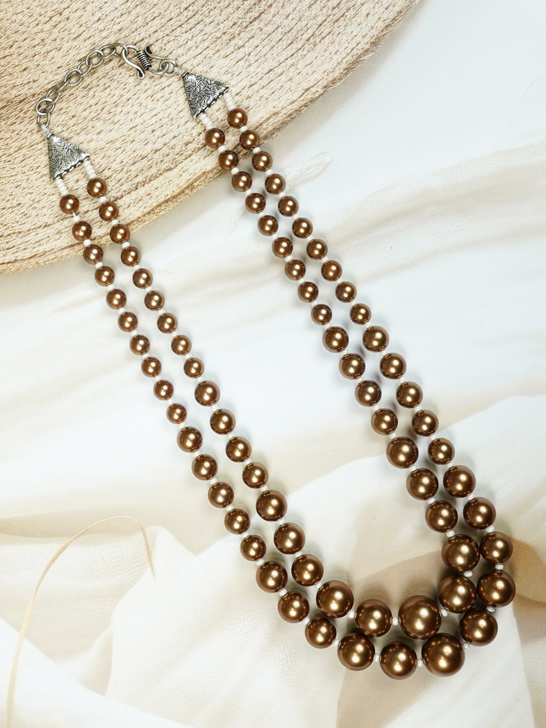 Zevar Club Metallic White, Brown, Grey Glossy Pearl Double Layer Royal Statement Necklace