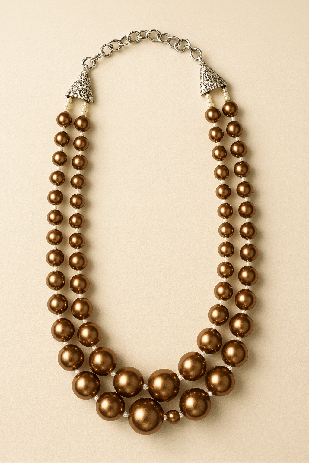 Zevar Club Metallic White, Brown, Grey Glossy Pearl Double Layer Royal Statement Necklace