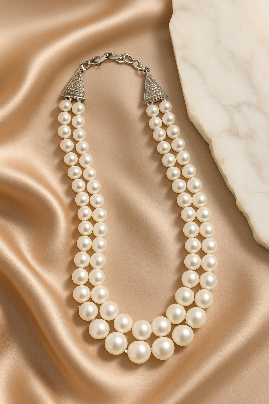 Zevar Club Metallic White, Brown, Grey Glossy Pearl Double Layer Royal Statement Necklace