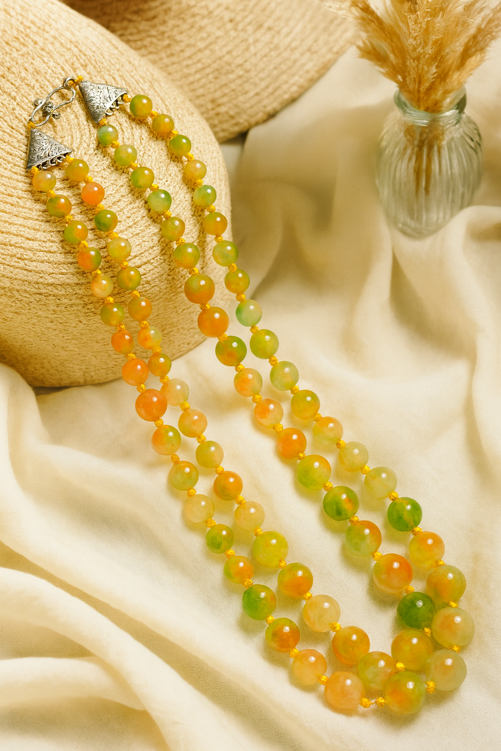 Zevar Club Yellow Green Orange Glossy Beads Double Layer Handcrafted Statement Necklace