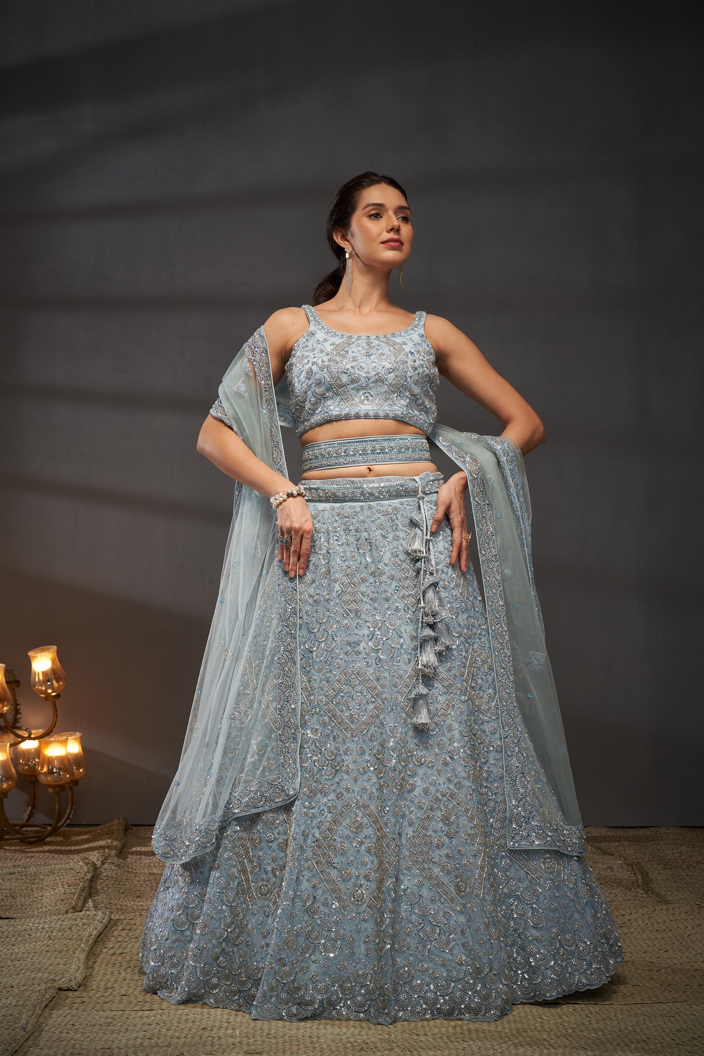 Grey Net Cutdana, Sequins and Zarkan embroidery Lehenga