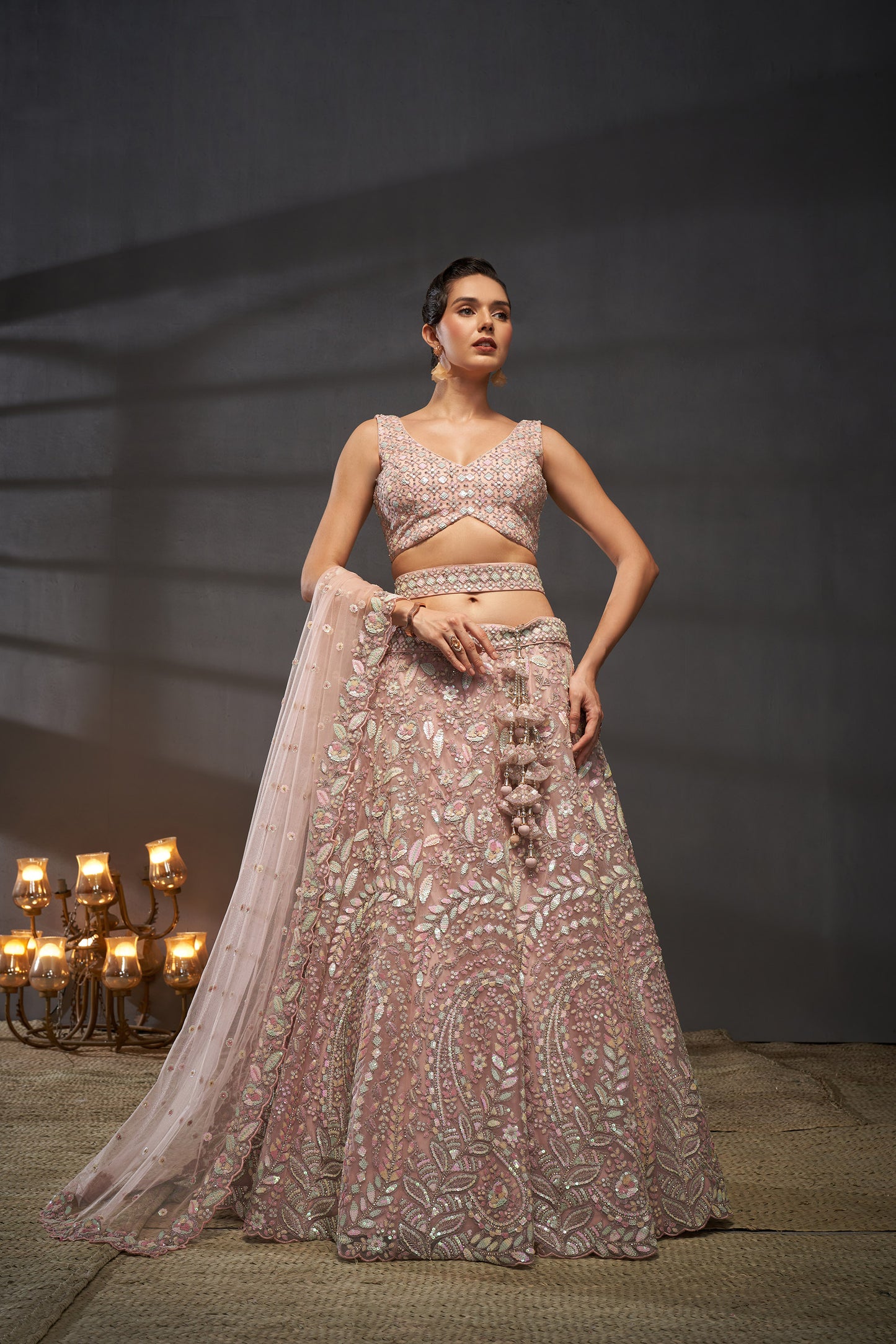 Pink Net Multi Sequins & Zarkan Embroidery Bridesmaid Lehenga