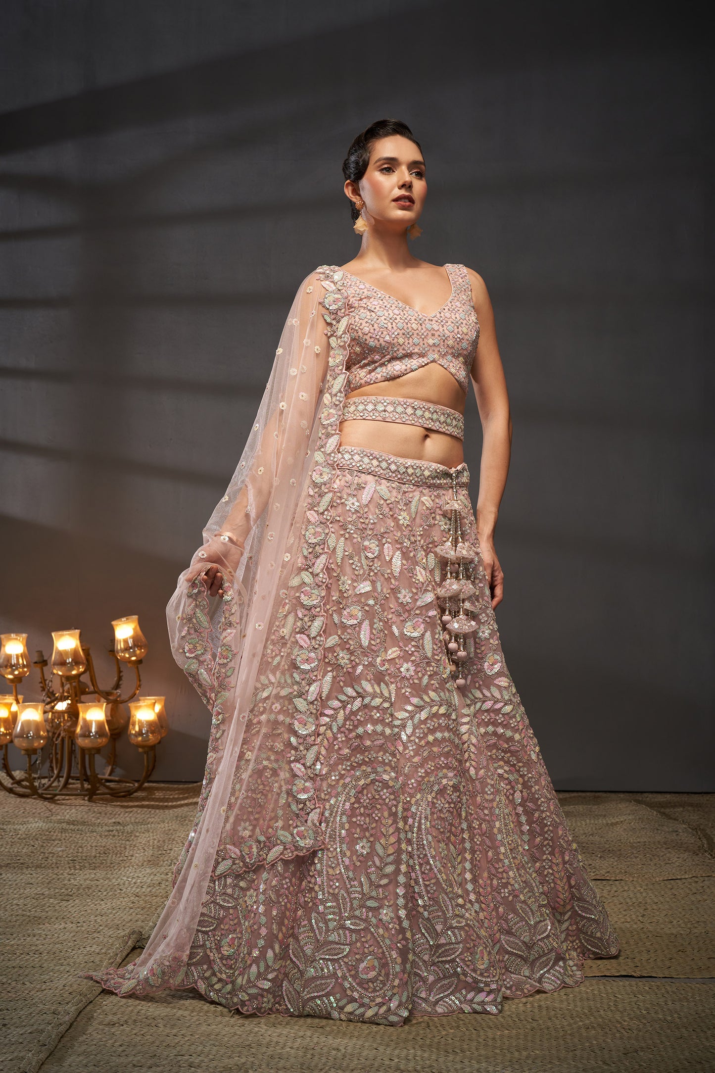 Pink Net Multi Sequins & Zarkan Embroidery Bridesmaid Lehenga