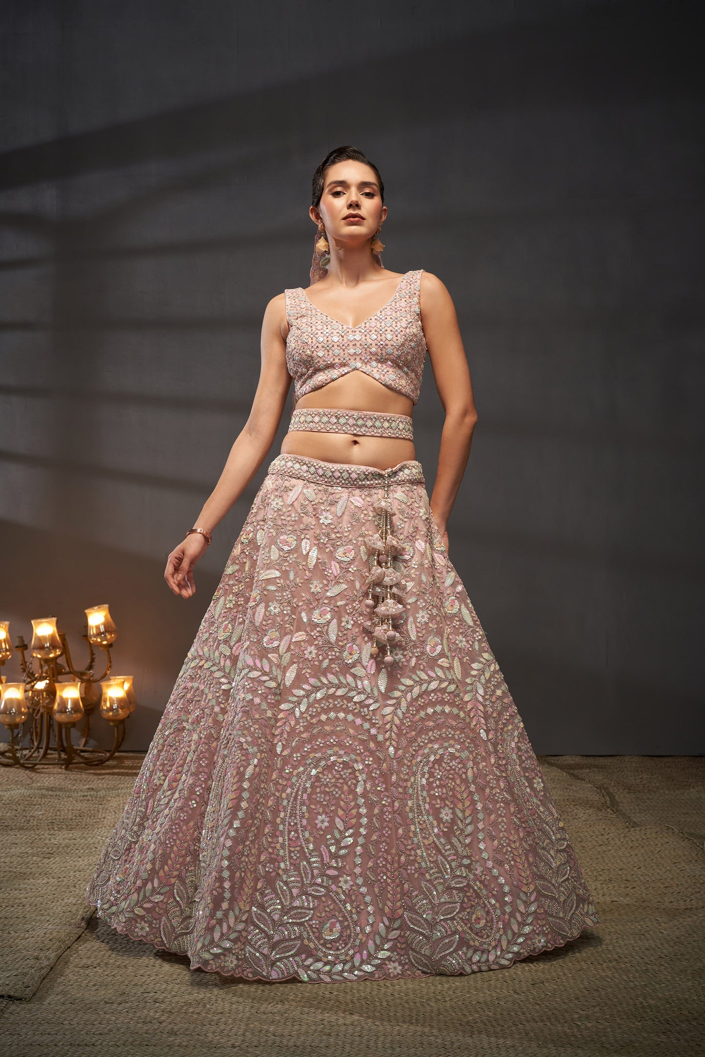 Pink Net Multi Sequins & Zarkan Embroidery Bridesmaid Lehenga