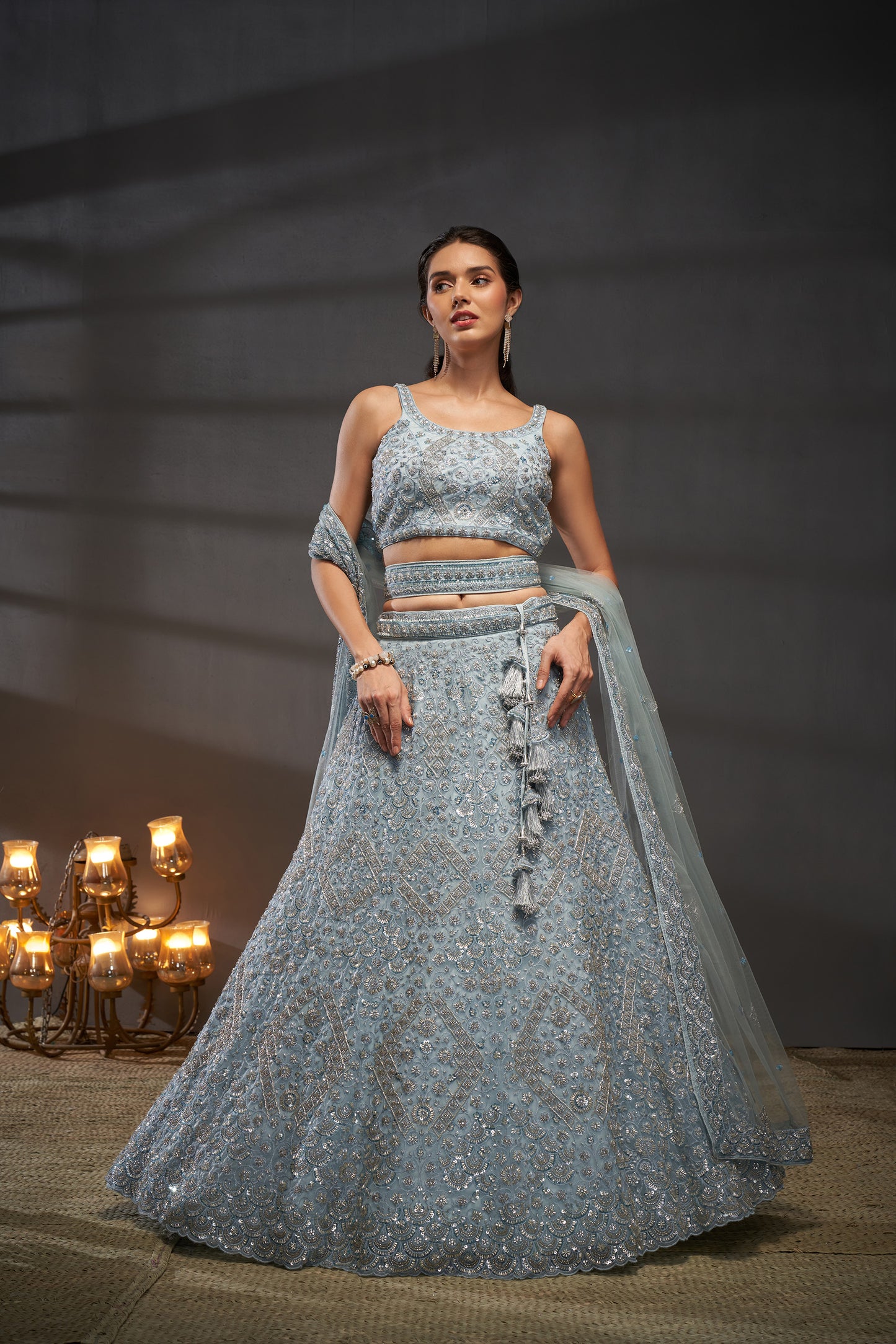 Grey Net Cutdana, Sequins and Zarkan embroidery Lehenga
