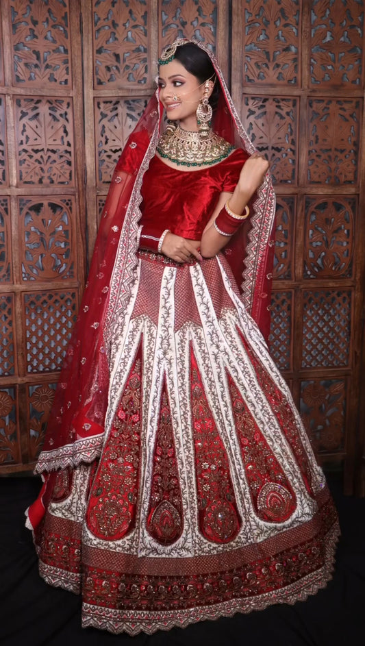 Red and white Zari embroidered Silk Bridal lehenga