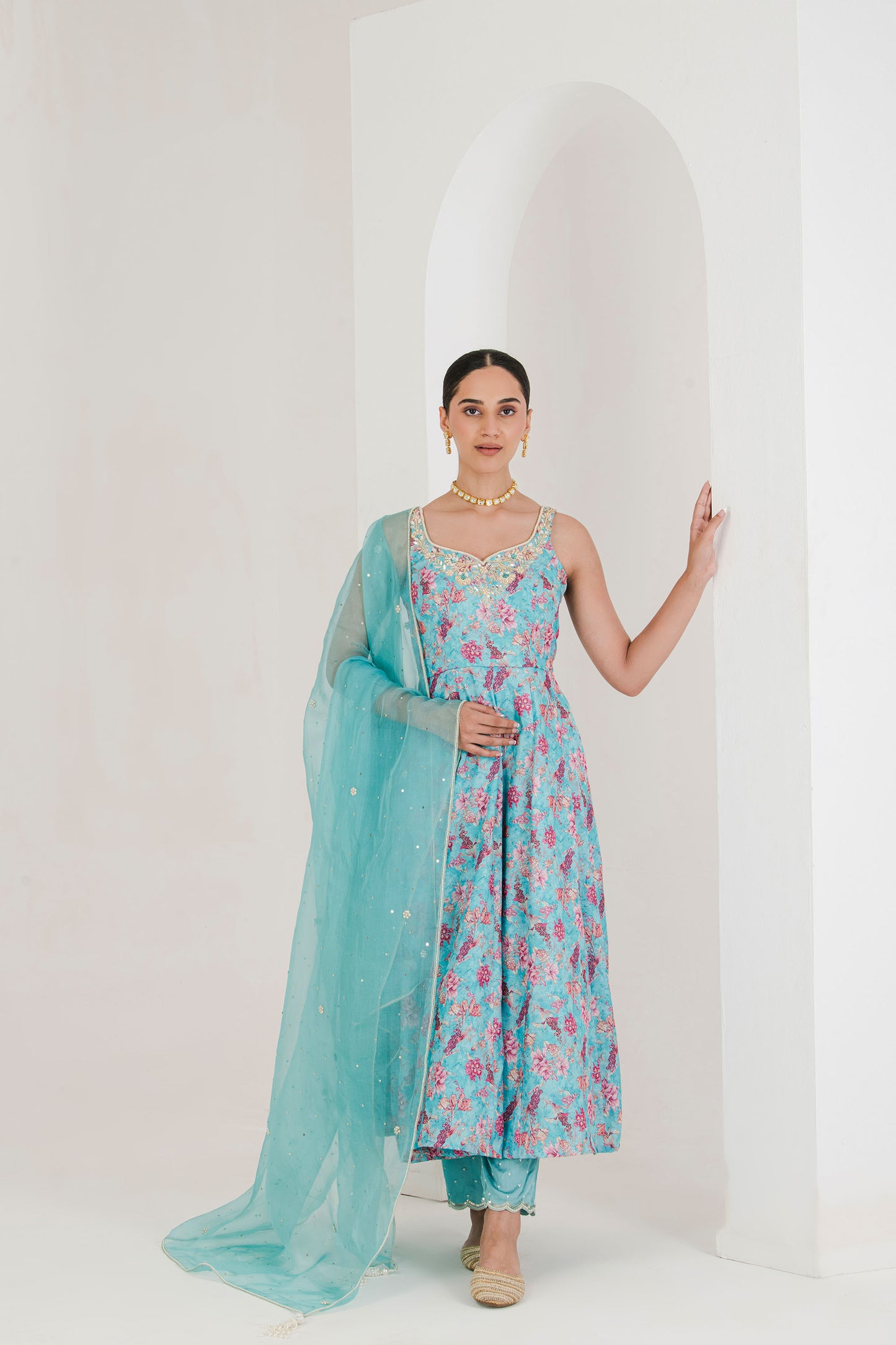 Blue Printed Embroidered Anarkali (set of 3)