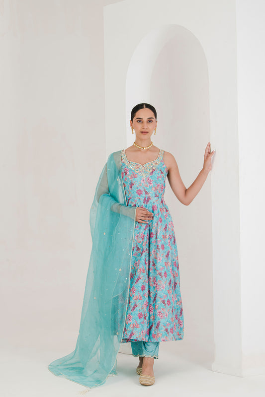 Blue Printed Embroidered Anarkali (set of 3)