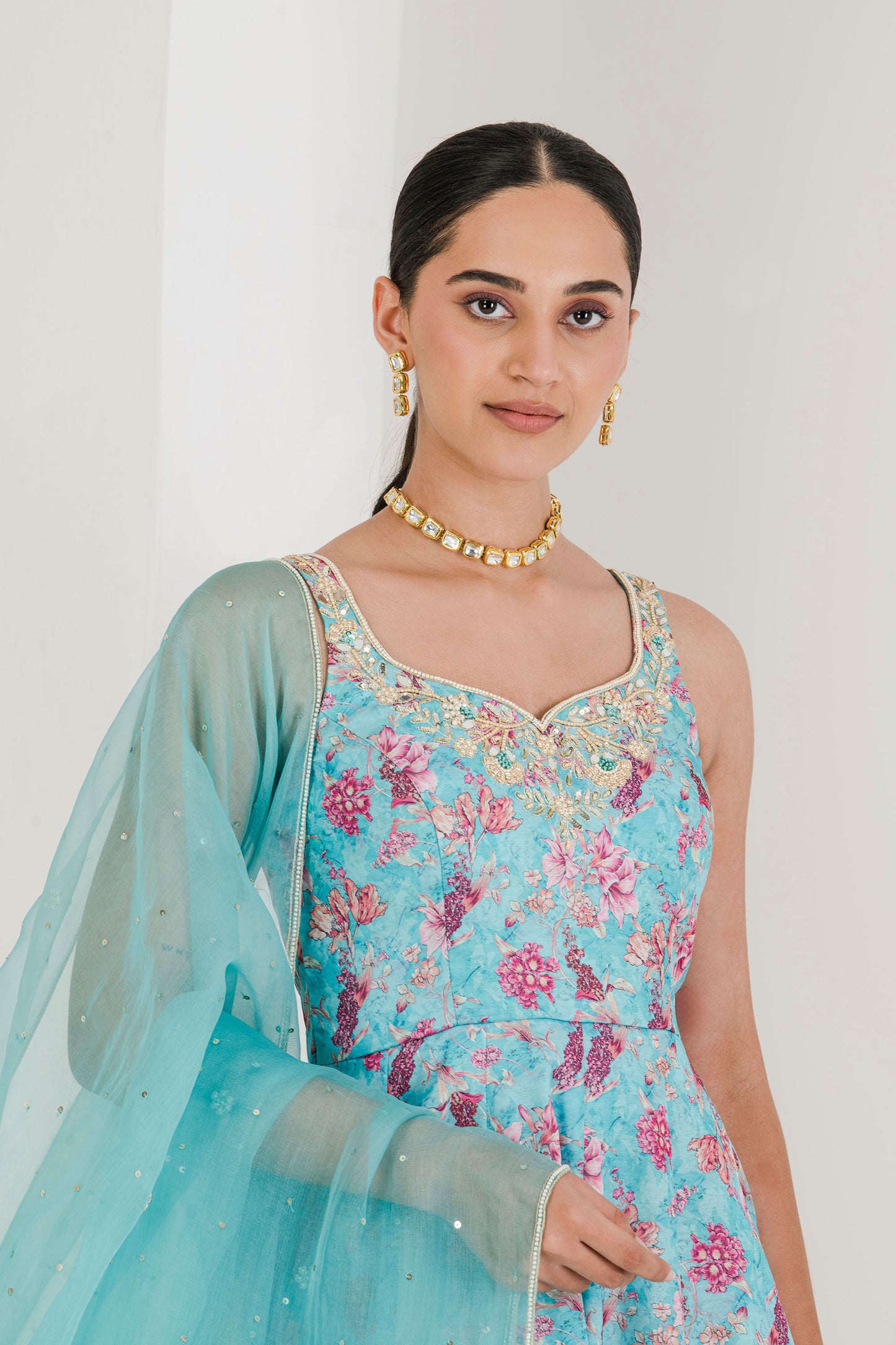 Blue Printed Embroidered Anarkali (set of 3)