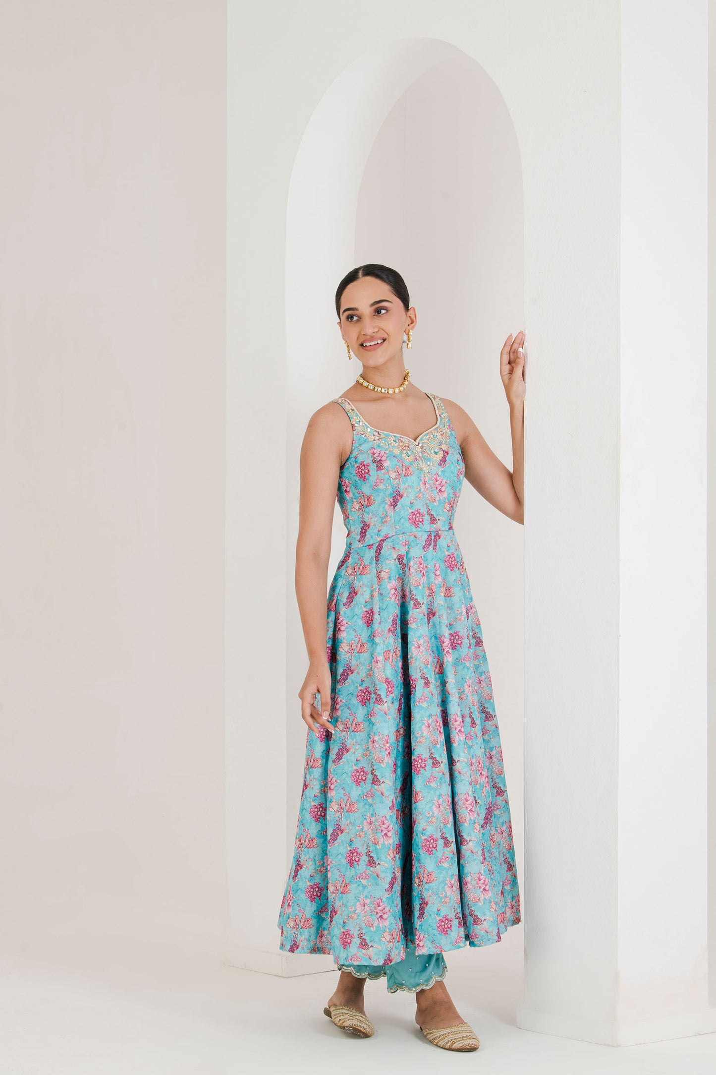 Blue Printed Embroidered Anarkali (set of 3)