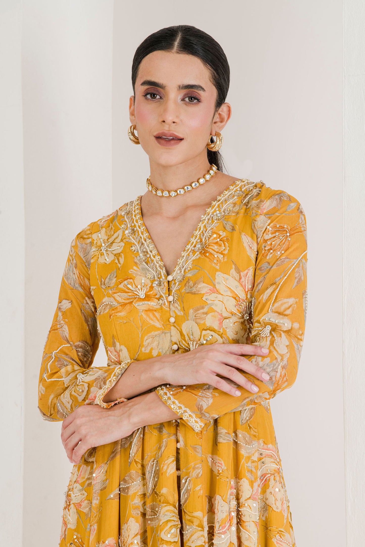 Yellow Floral Print Hand Embroidered Anarkali (set of 3)