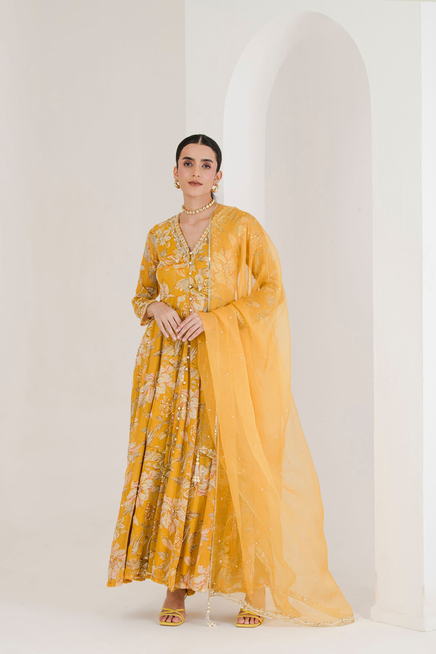 Yellow Floral Print Hand Embroidered Anarkali (set of 3)