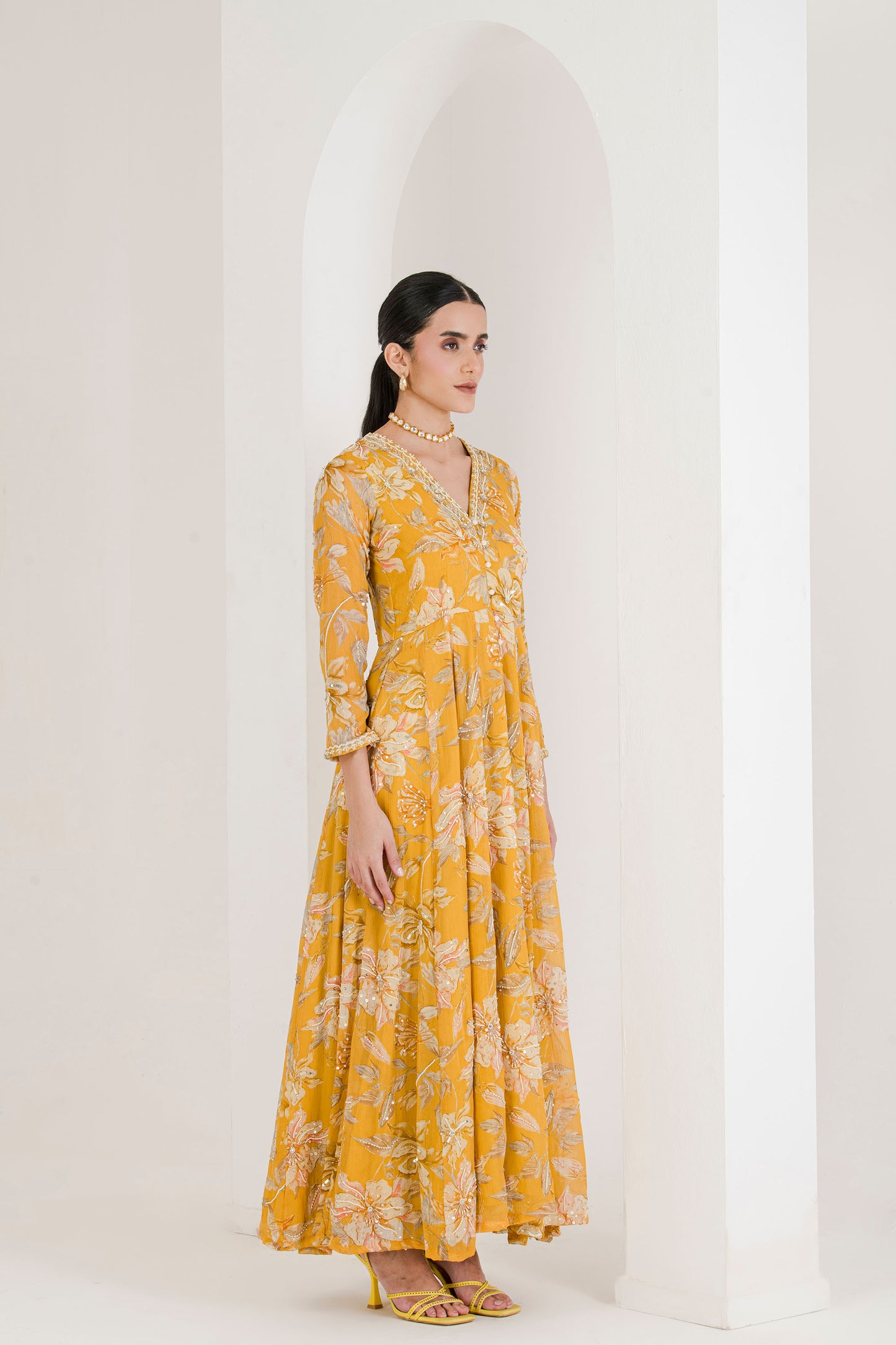 Yellow Floral Print Hand Embroidered Anarkali (set of 3)