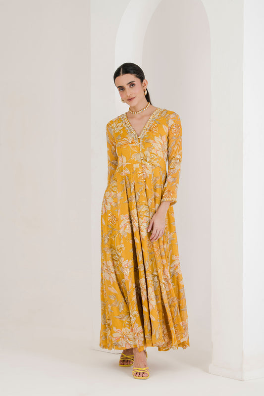 Yellow Floral Print Hand Embroidered Anarkali (set of 3)