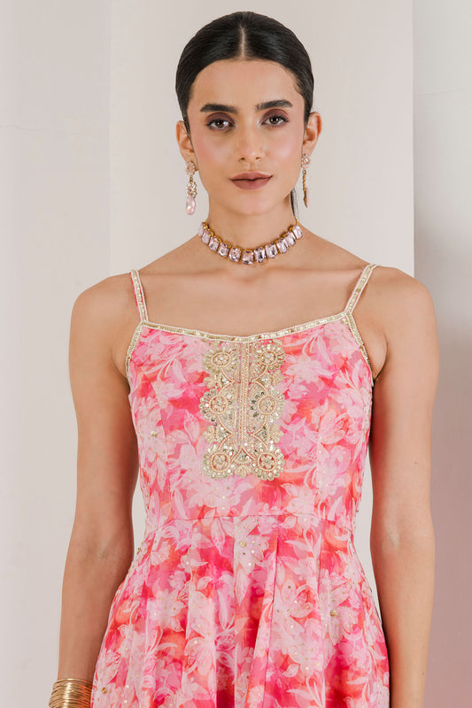 Pink Floral Print Hand Embroidered Anarkali (set of 3 )