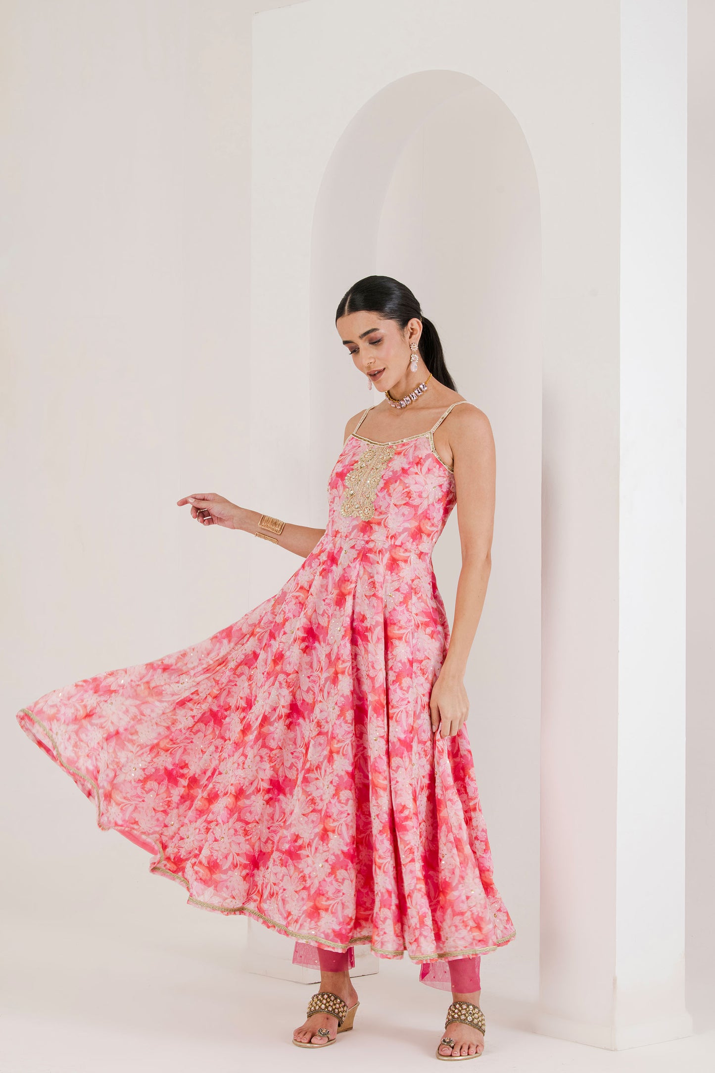 Pink Floral Print Hand Embroidered Anarkali (set of 3 )