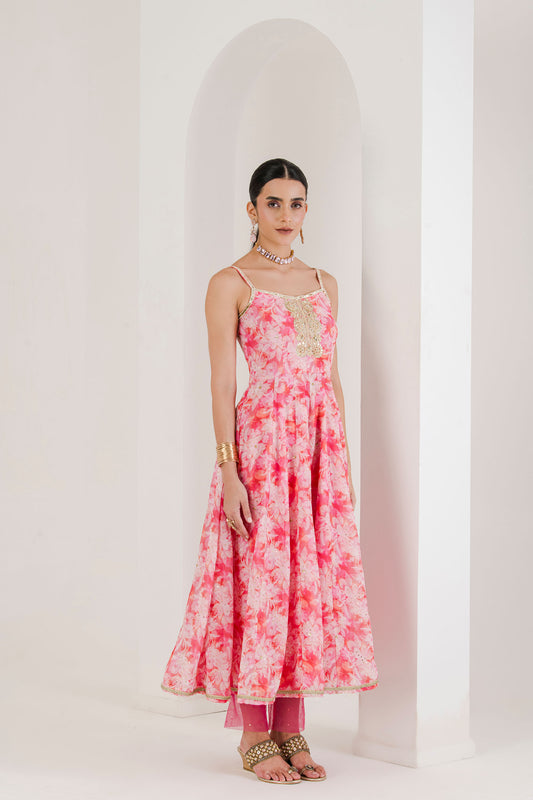 Pink Floral Print Hand Embroidered Anarkali (set of 3 )