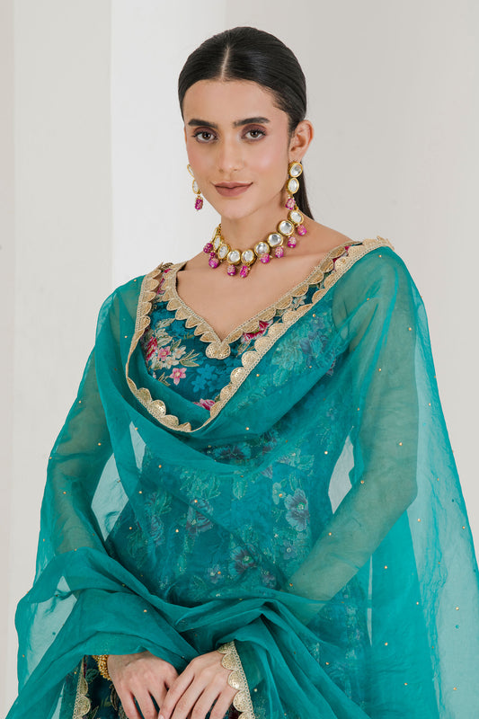 Green floral print anarkali set