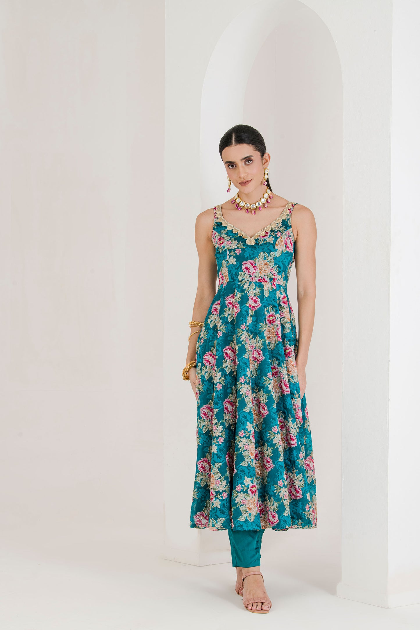 Green floral print anarkali set