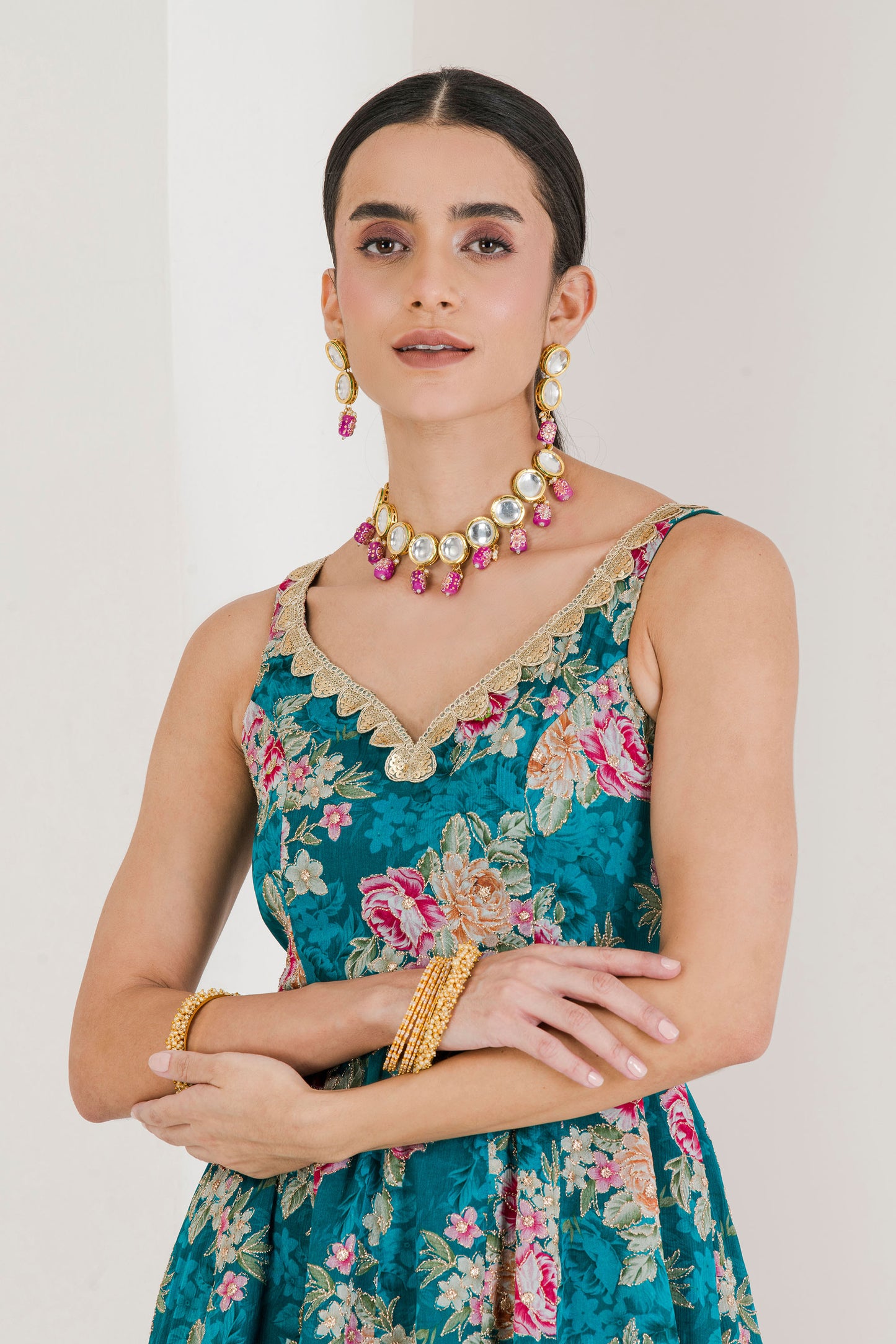 Green floral print anarkali set