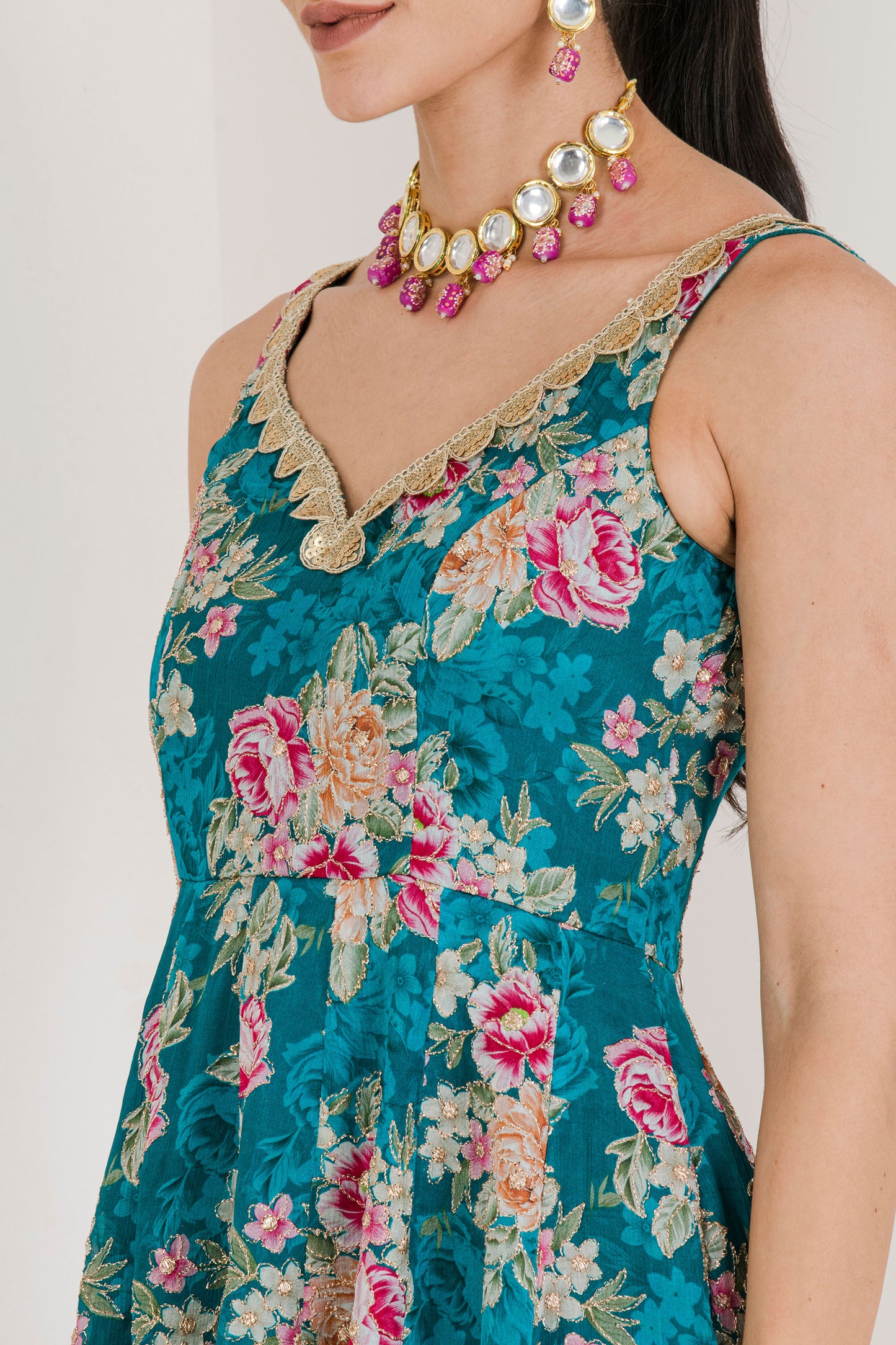 Green floral print anarkali set