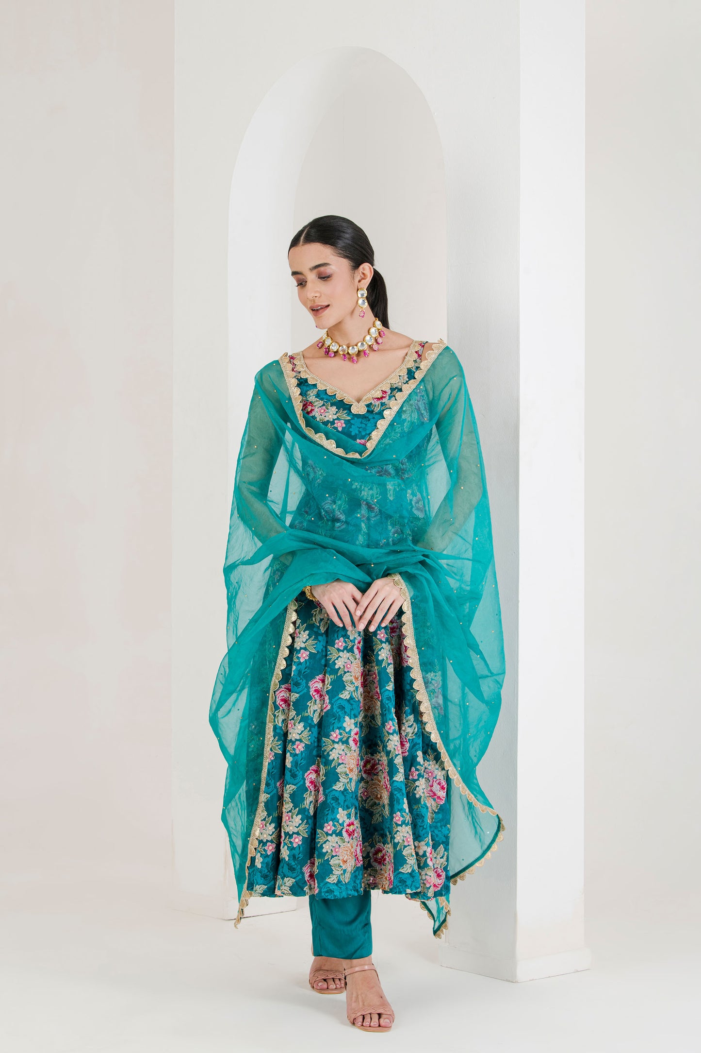 Green floral print anarkali set