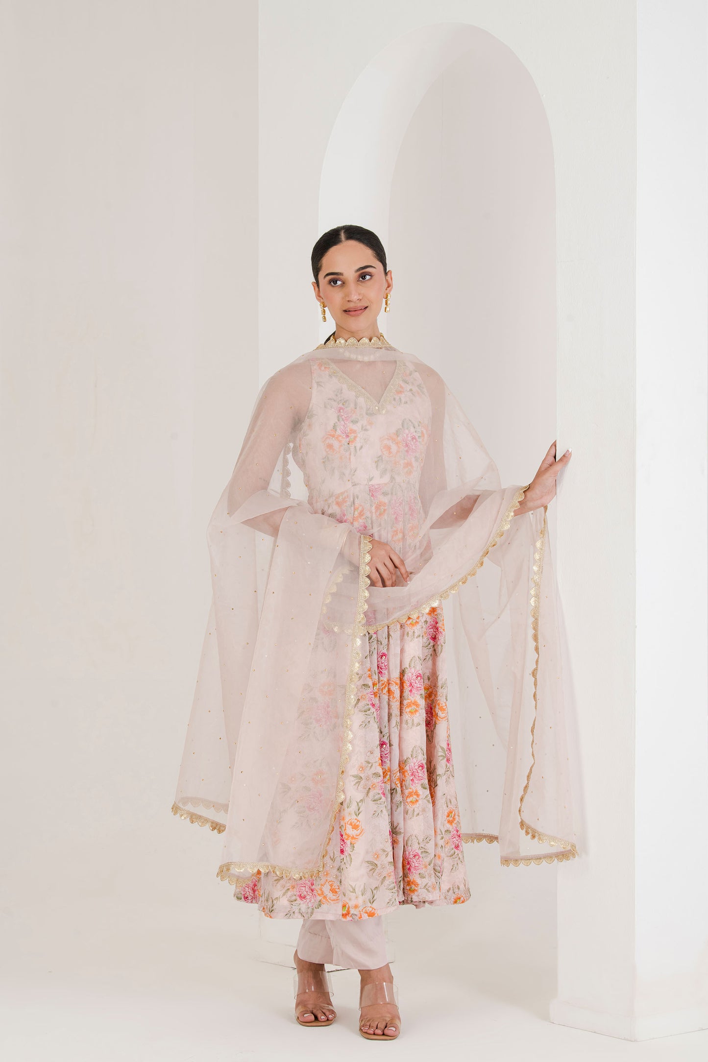 Blush Pink Floral Print Anarkali (set of 3 )