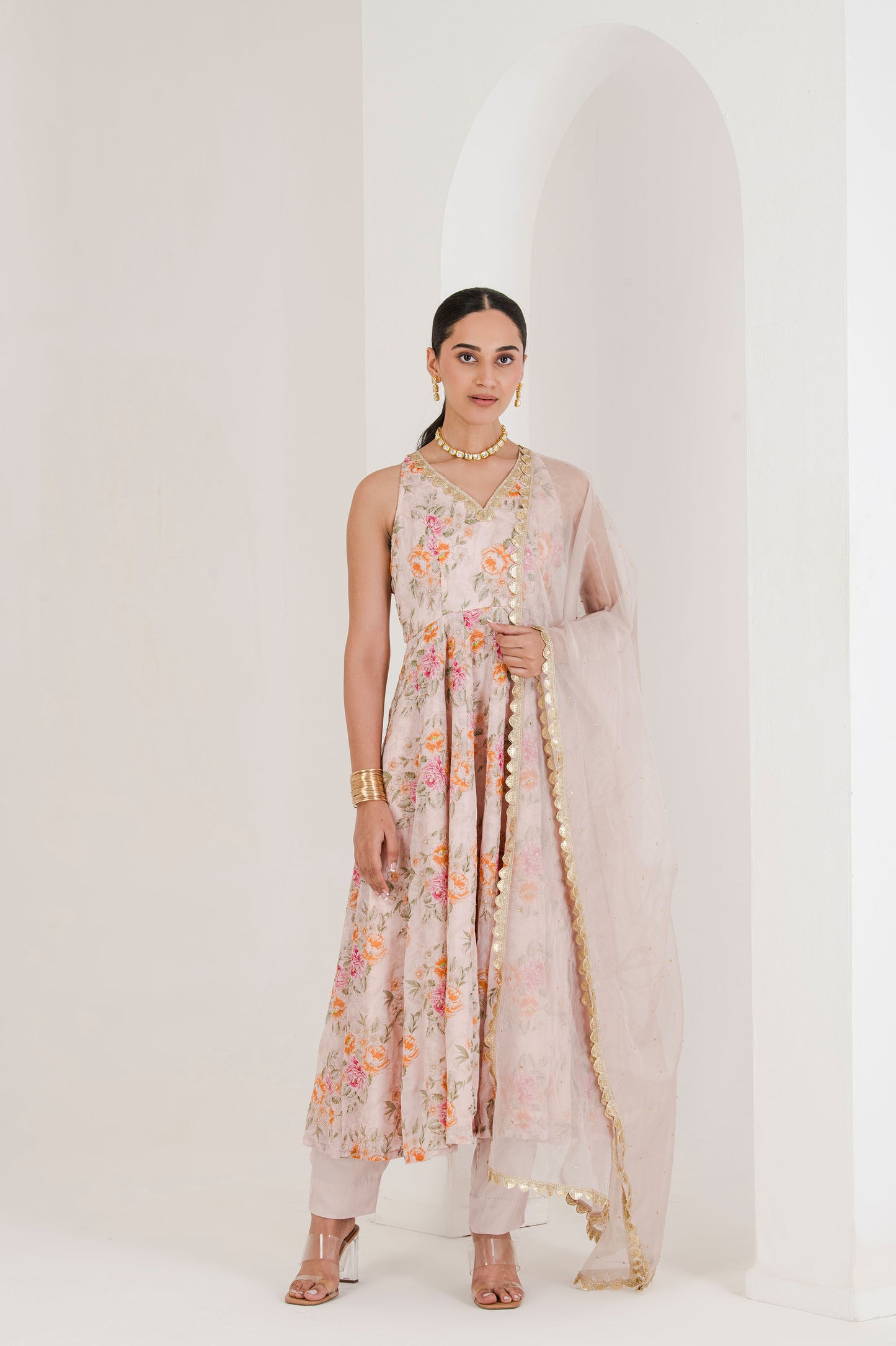 Blush Pink Floral Print Anarkali (set of 3 )