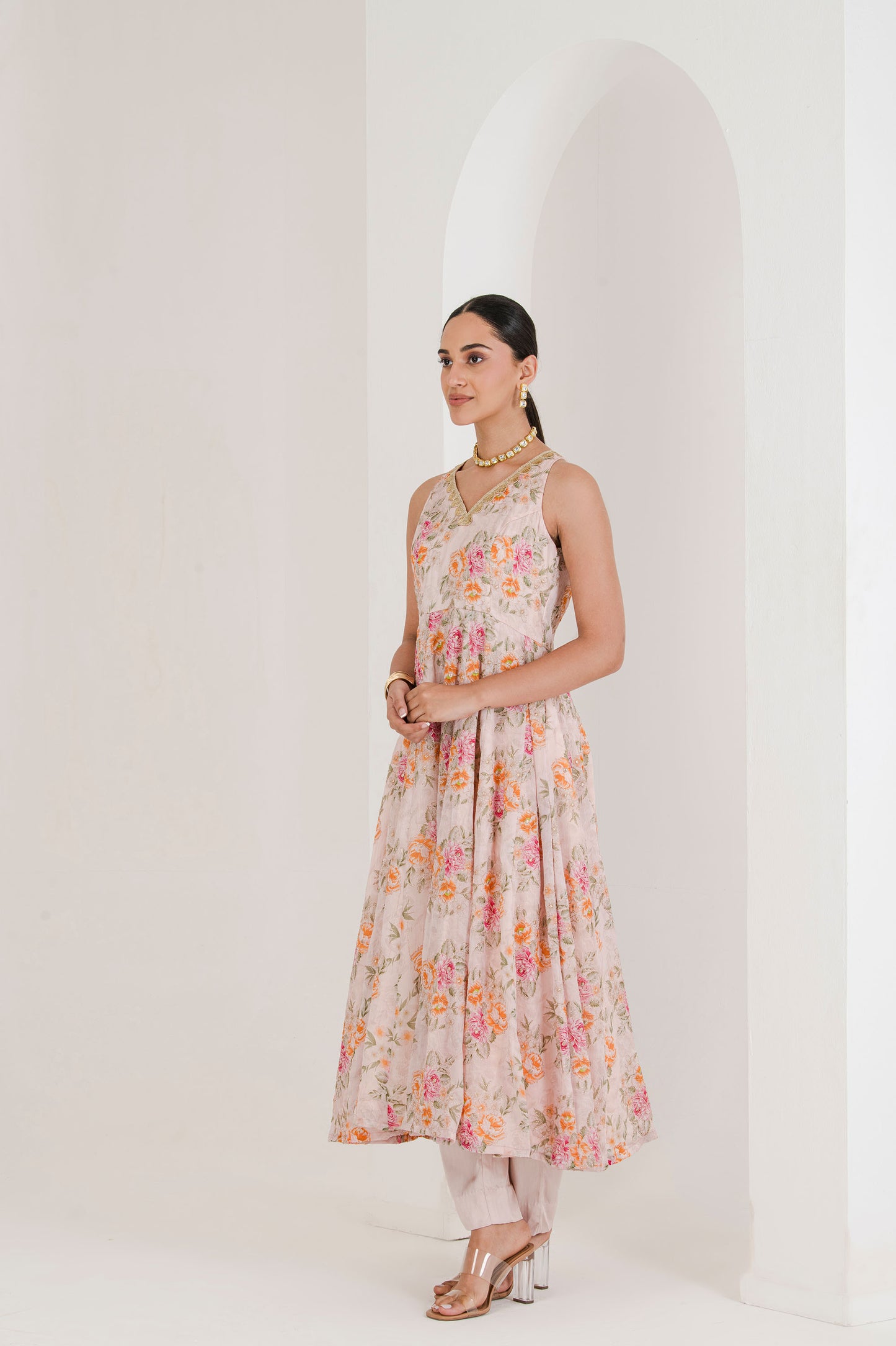 Blush Pink Floral Print Anarkali (set of 3 )