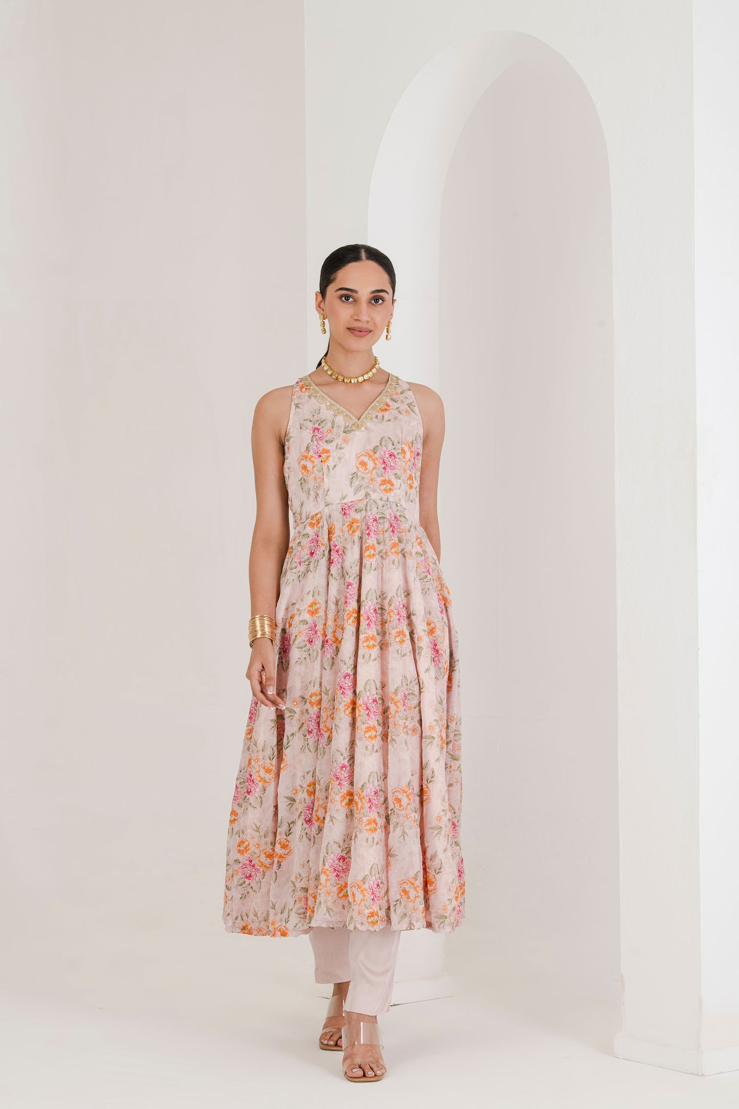 Blush Pink Floral Print Anarkali (set of 3 )