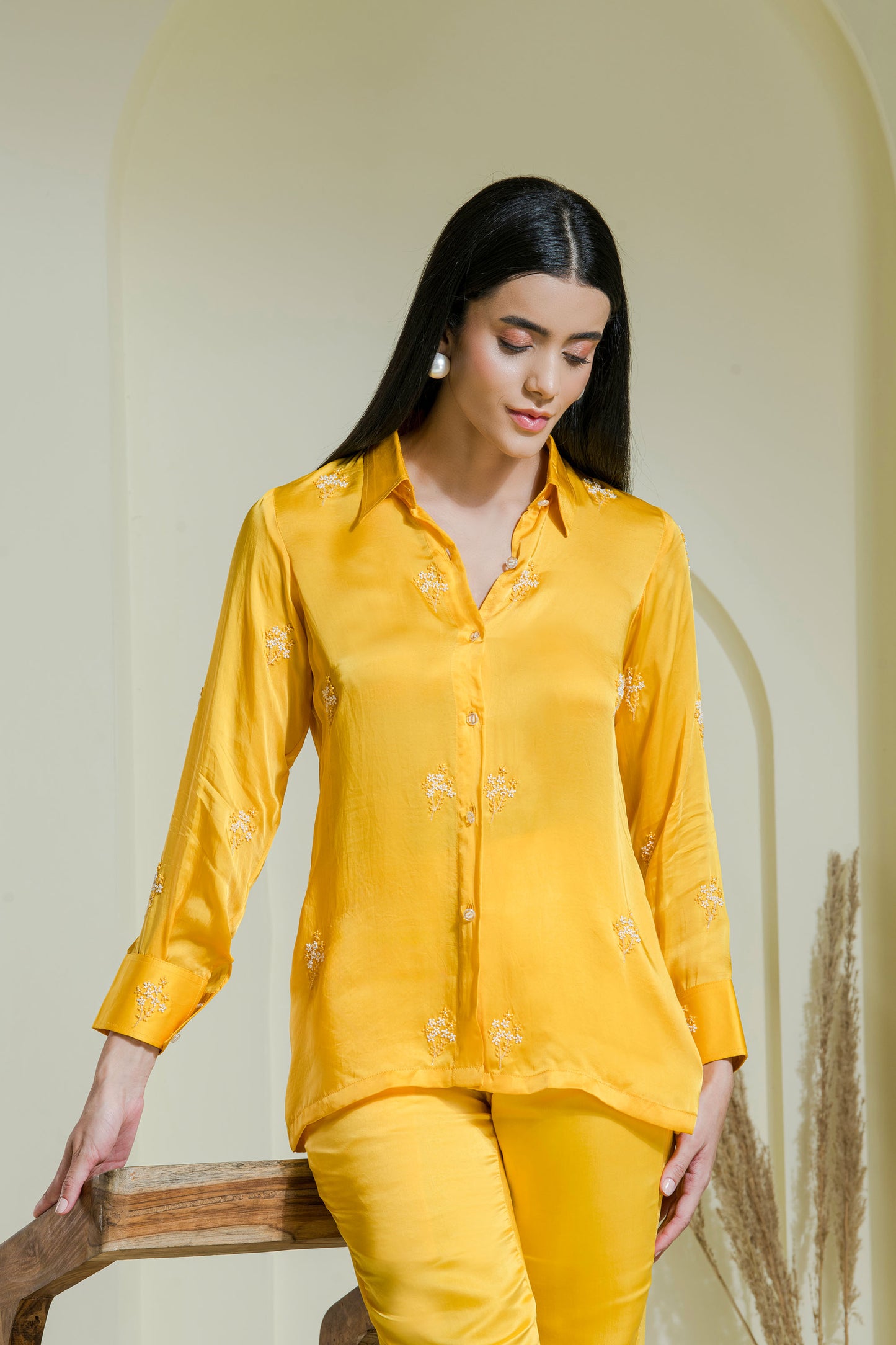 Sunshine yellow satin embroidered co-ord set