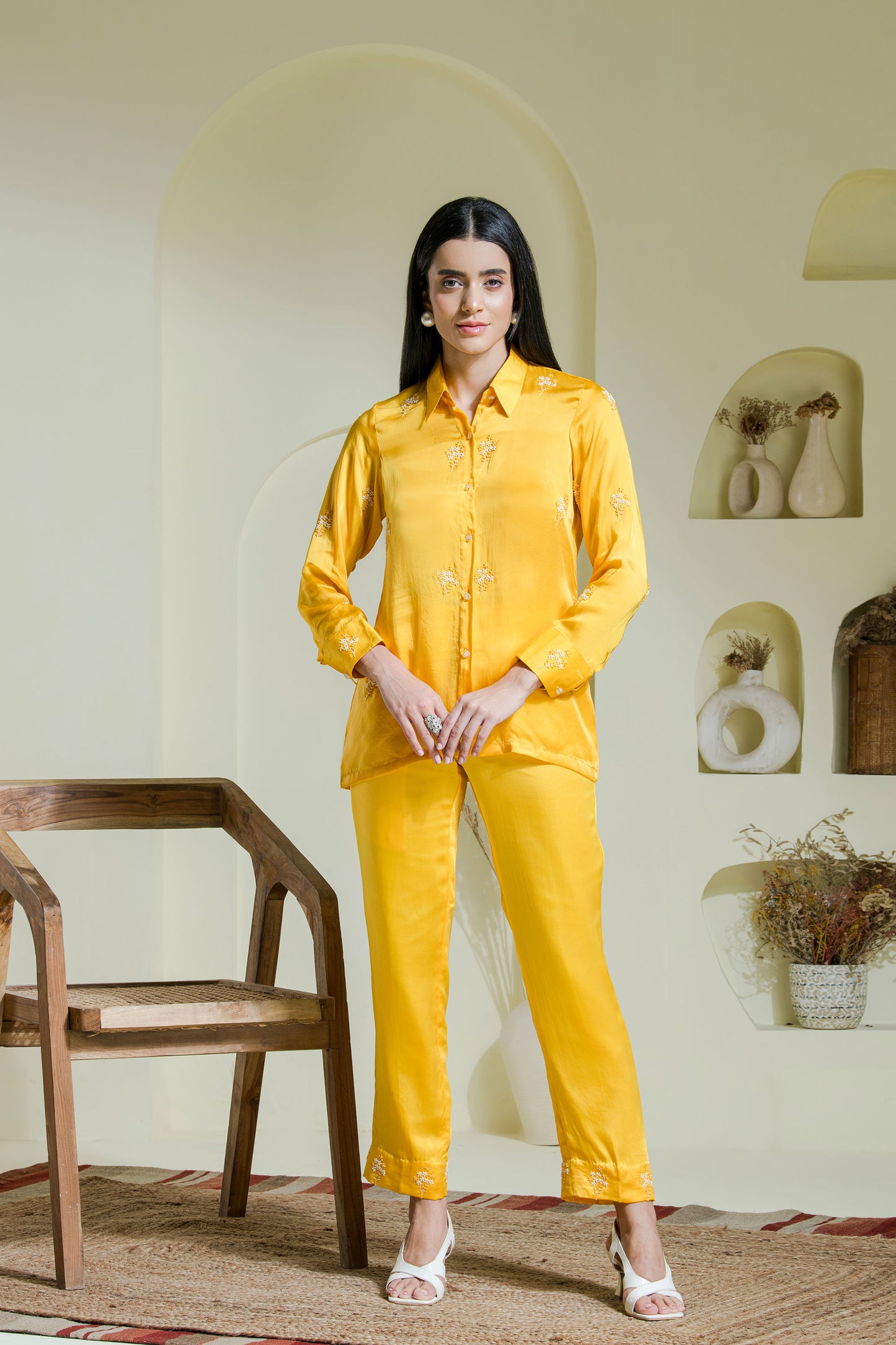 Sunshine yellow satin embroidered co-ord set