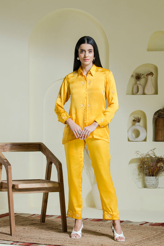 Sunshine yellow satin embroidered co-ord set