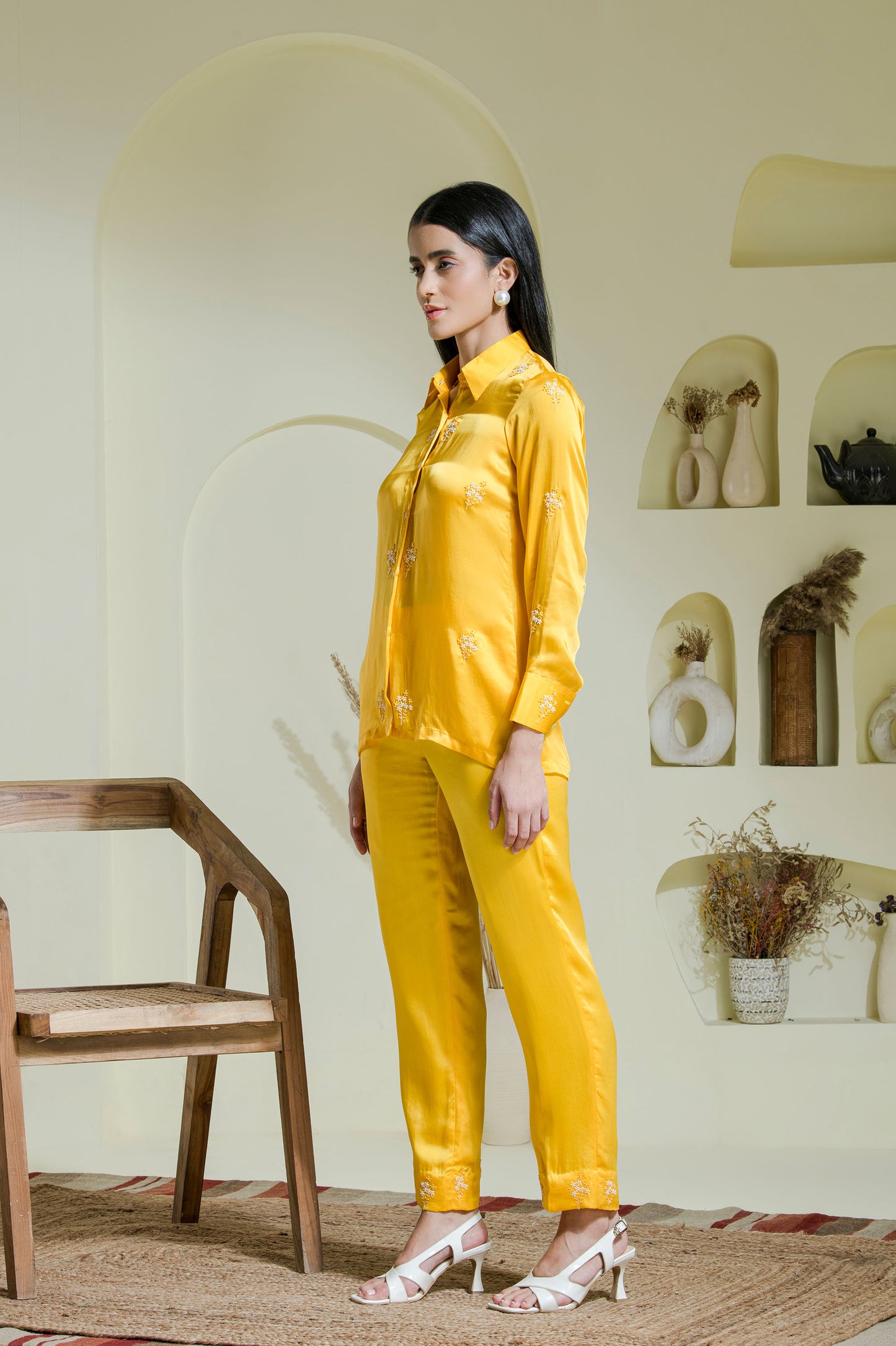 Sunshine yellow satin embroidered co-ord set