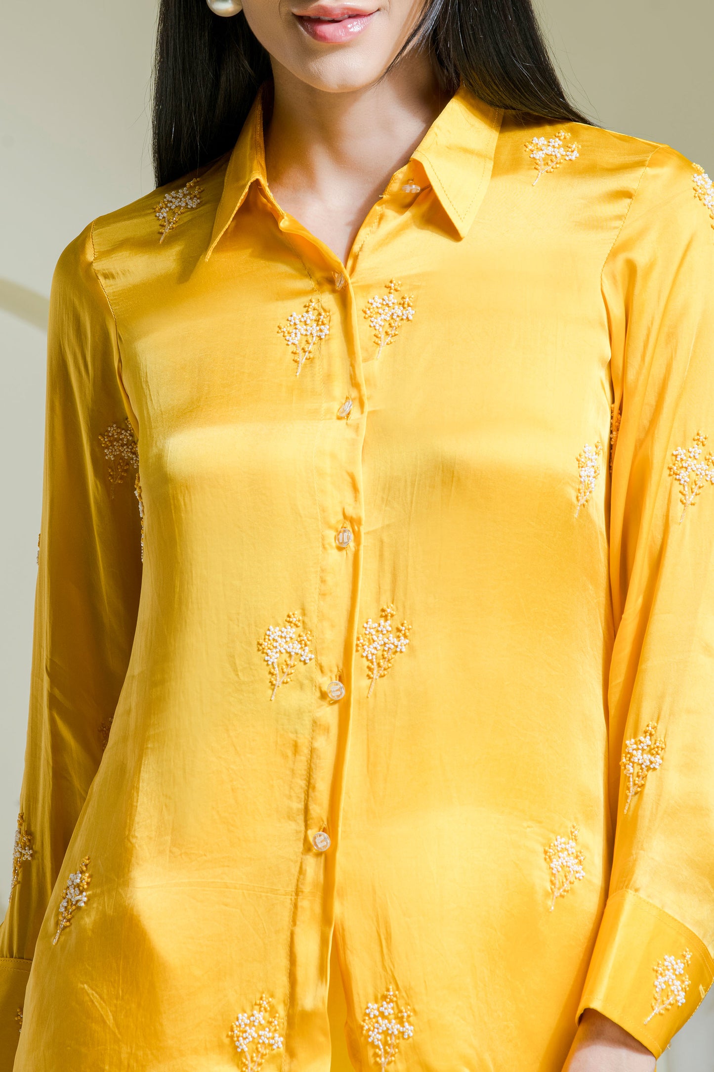 Sunshine yellow satin embroidered co-ord set