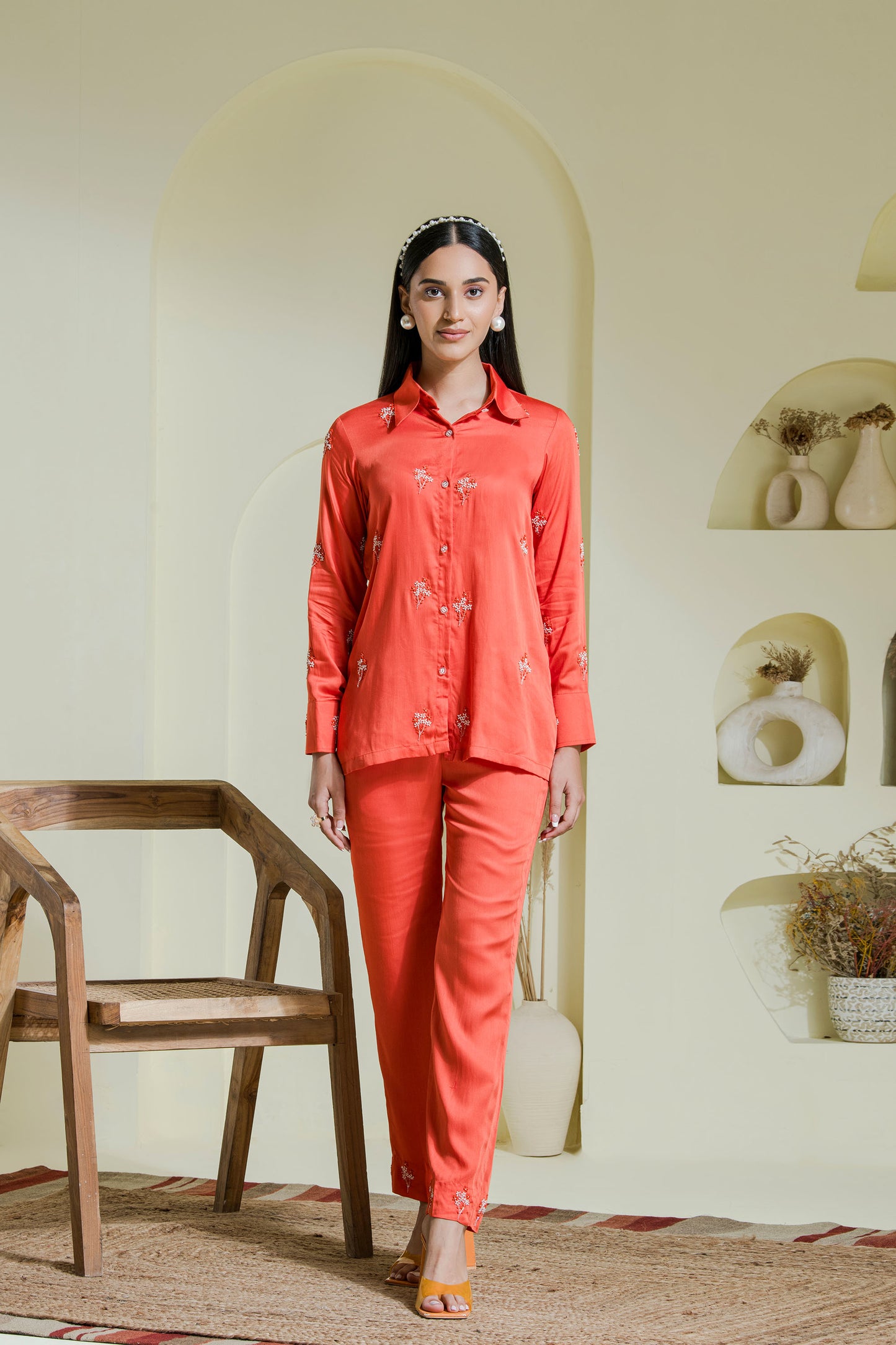 Vivid orange embroidered satin co-ord set