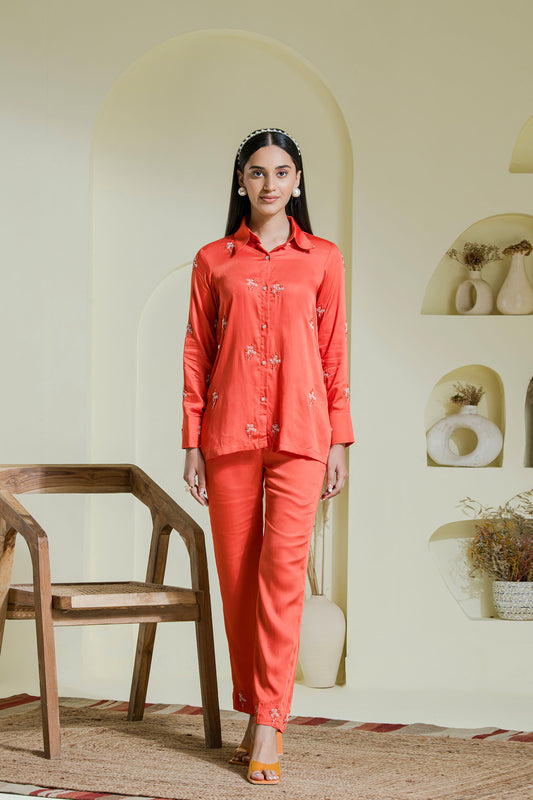 Vivid orange embroidered satin co-ord set